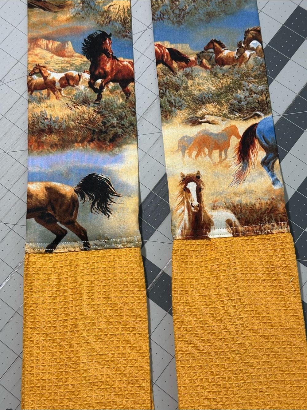 Handmade Wild Horse Print Kitchen Scarf in Mustard and Multi - Picture 8 of 10